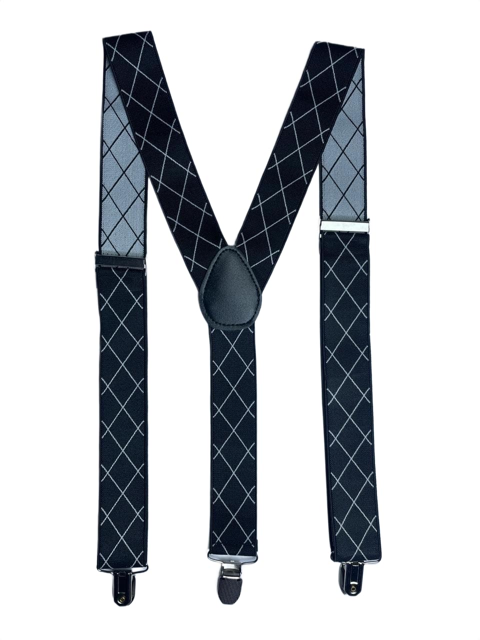 Men’s Adjustable Elastic Suspenders with White Checkered Diamond Pattern – Classic Y-Back Braces with Strong Metal Clips – Durable Stretch Fabric for Formal, Business(Black with White Grid)-image-32