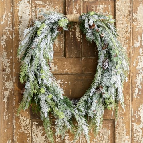 Suncalla Christmas Snowy Norfolk Wreath 16 Inch Christmas Kitchen Cabinet Wreath Vintage Snow Flocked Pine Cones Wreaths for Xmas Decor Door Cabinet Window Mantle Wall Outdoor Indoor