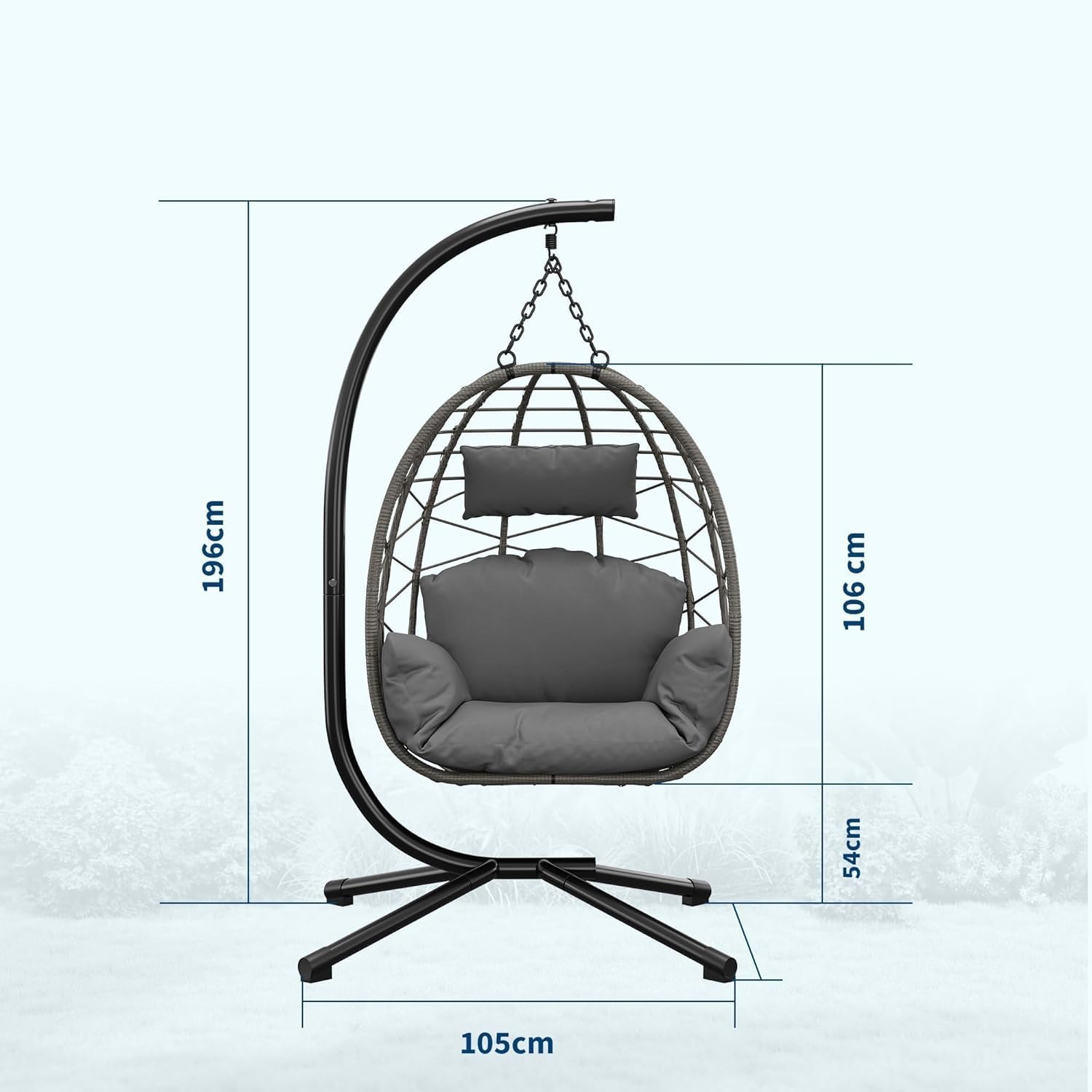 Sillón Colgante con Estructura para Exterior e Interior, Resistente hasta 130 kg, Rattan PE con Soporte de Metal y Cojines ergonómicos, Ideal para jardín, terraza y Balcones - Gris