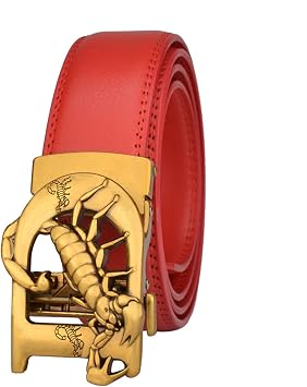 Mens Ratchet Belt Engraved Gold Letter D & Scorpion Pattern Automatic Slide Buckle Western Cowboy Handmade Waistband110cm/waist37", Red