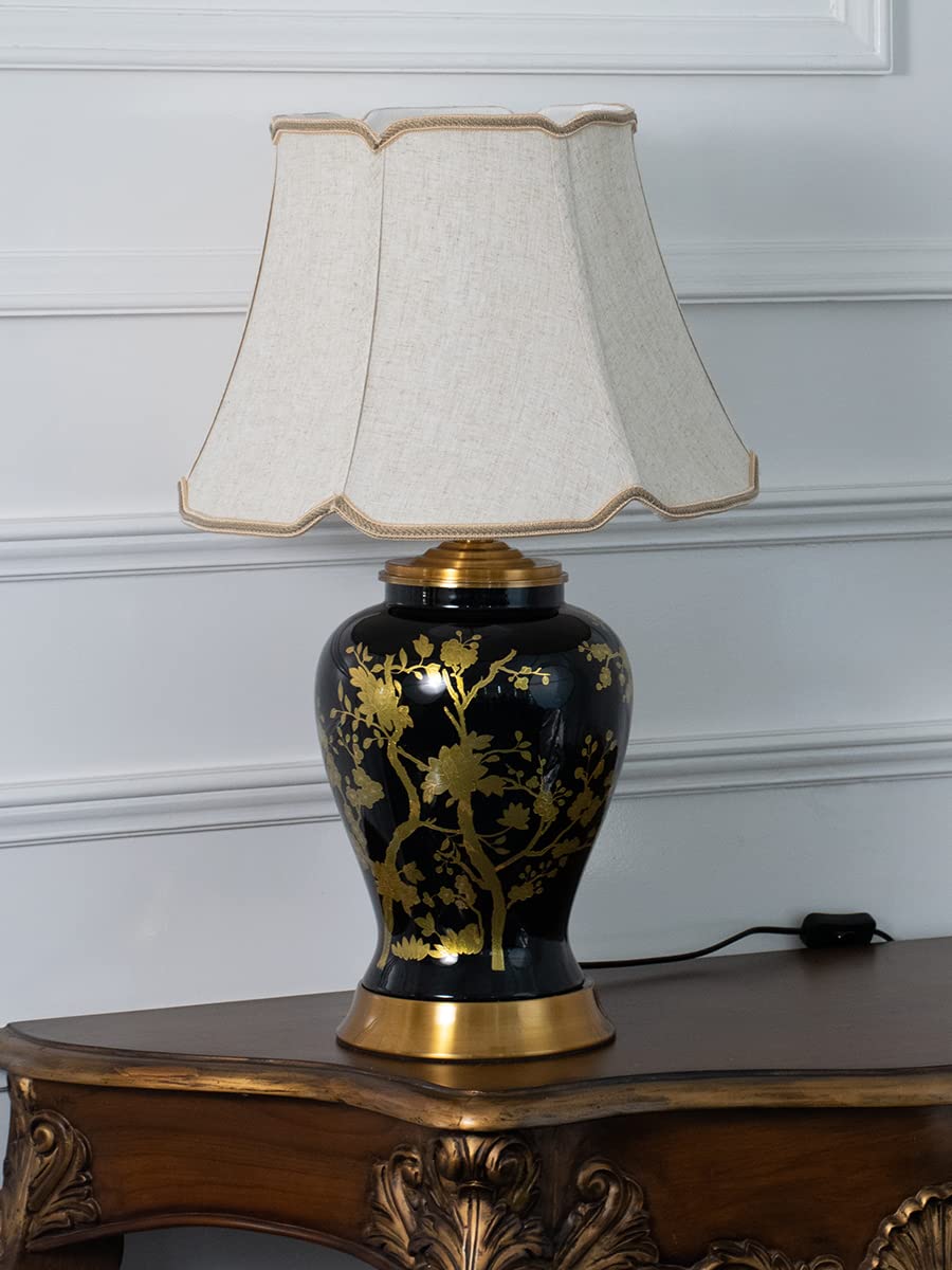 Whispering Homes Princely Times Black Ceramic Table Lamp | Elegant Gold Floral Design | for Living Room, Bedroom & Office | Soft Fabric Pleated Shade | Classic Home Decor | Luxury Accent Lighting