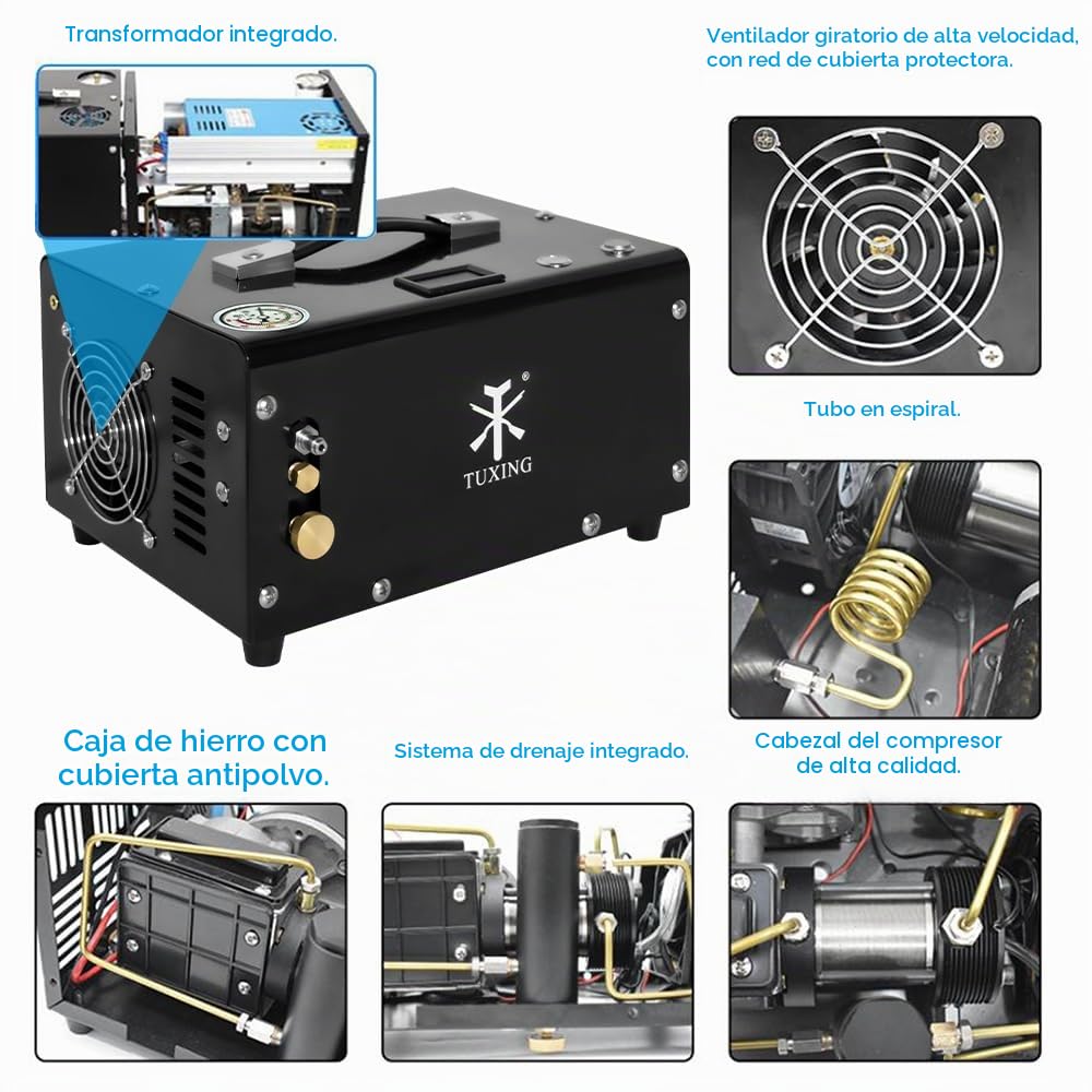 TUXING 300Bar 30Mpa, compresor portátil de 12 V para PC, sin aceite, alimentación de 12 V CC o 220 V CA para el hogar con adaptador, rifle de aire inflador para PC(TXET061-1)