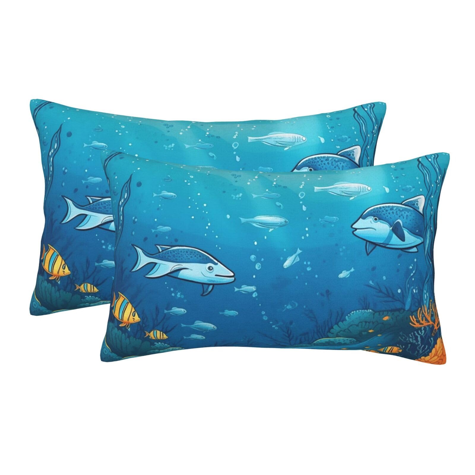 2 Pack Standard Size Pillow Cases for Hair and Skin Soft Breathable Pillow Case Covers with Hidden Zipper Underwater Ocean Illustration Pillowcase 14"x20" Pillow Cover for Sleeping Gift
