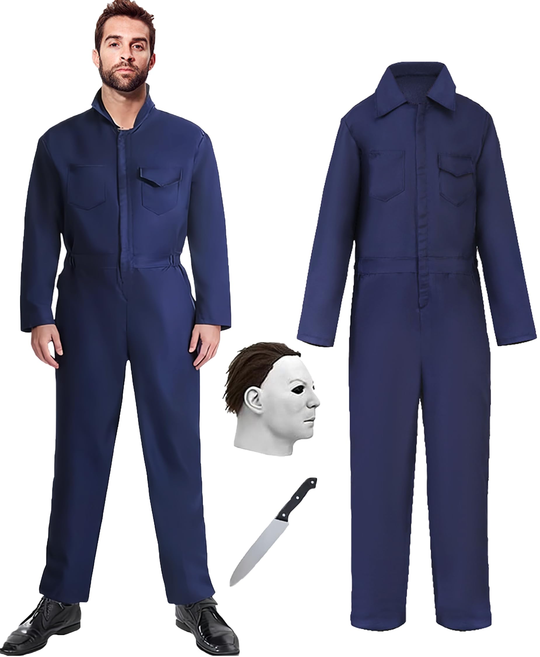 Halloween Navy Blue Coveralls Jumpsuit,Horror Killer Navy Cosplay Costume for Men, Includes Mask and Toy Knife