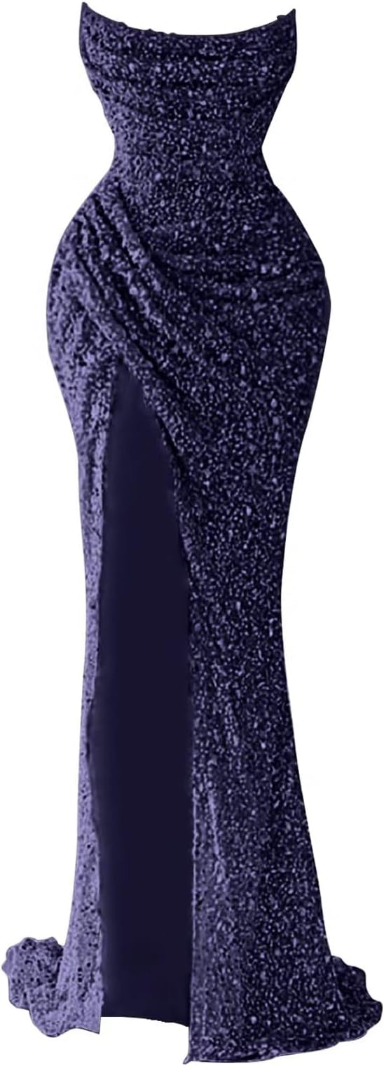 Dexinyuan Sparkly Sequin Mermaid Prom Dresses for Women 2026 Strapless Long Formal Party Evening Gowns with Slit