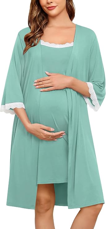 SWOMOG Lace Maternity Nursing Gown and Robe Set Double Layer Labor Delivery Nursing Hospital Nightgowns for Breastfeeding