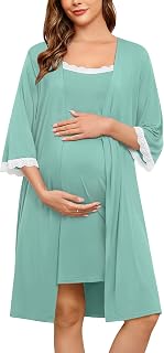 SWOMOG Lace Maternity Nursing Gown and Robe Set Double Layer Labor Delivery Nursing Hospital Nightgowns for Breastfeeding