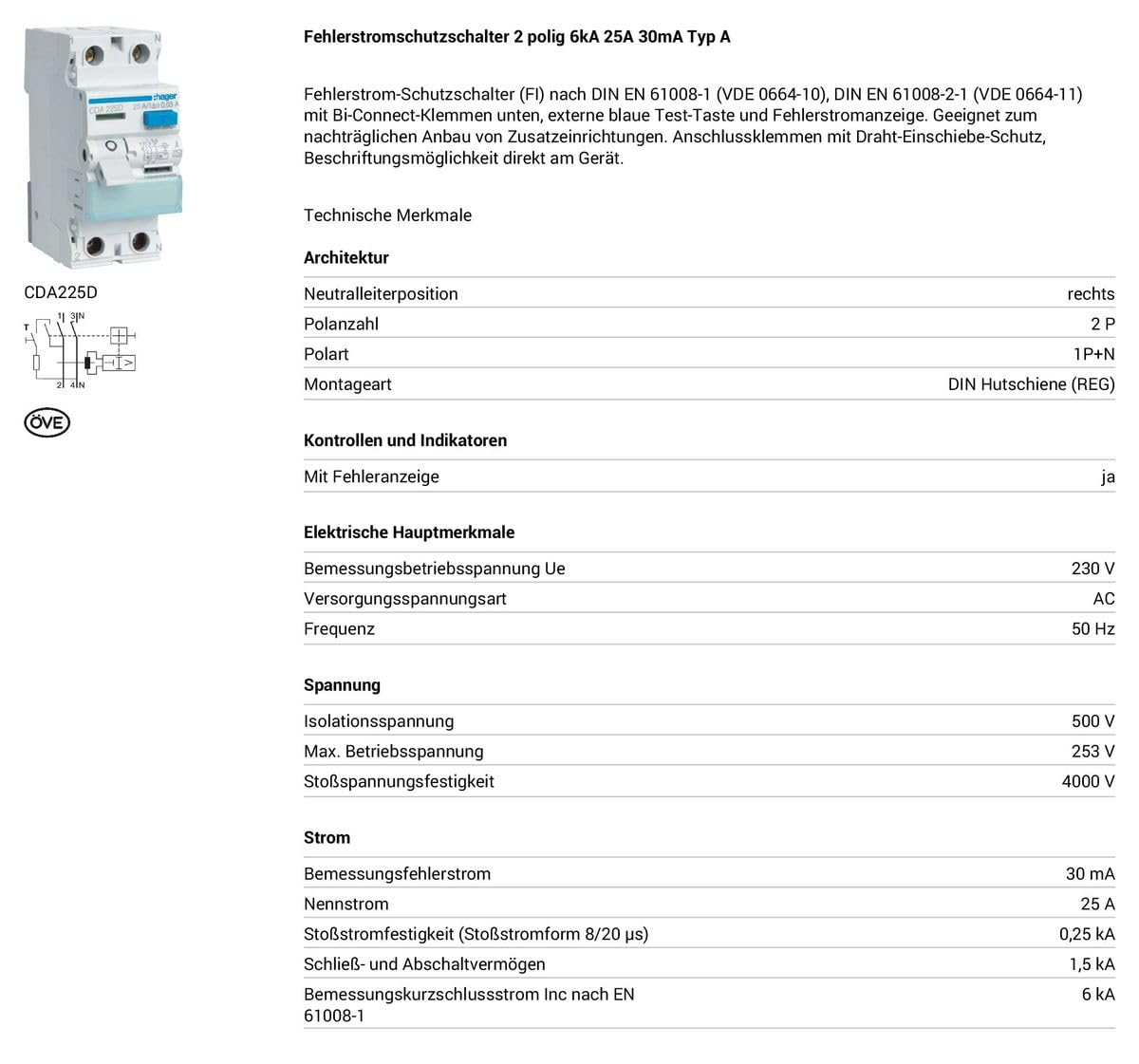 Hager CDA225D Fehlerstromschutzschalter 25A 2-polig 6kA 30mA Typ A