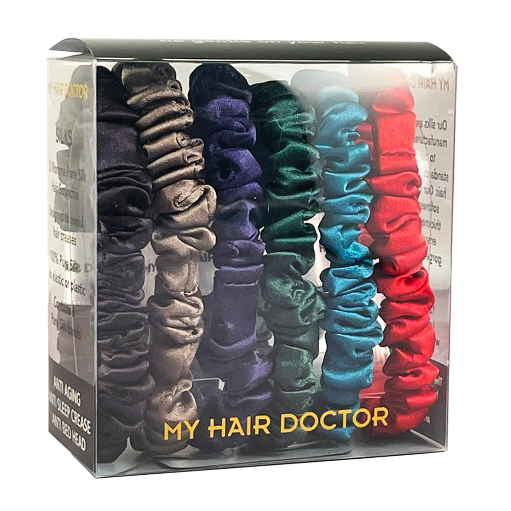 MHD Scrunchies | 100% Silk Scrunchies - Pack of 6 Silk Hair Ties | Quality Scrunchie Pack for All Hair Types - Dark