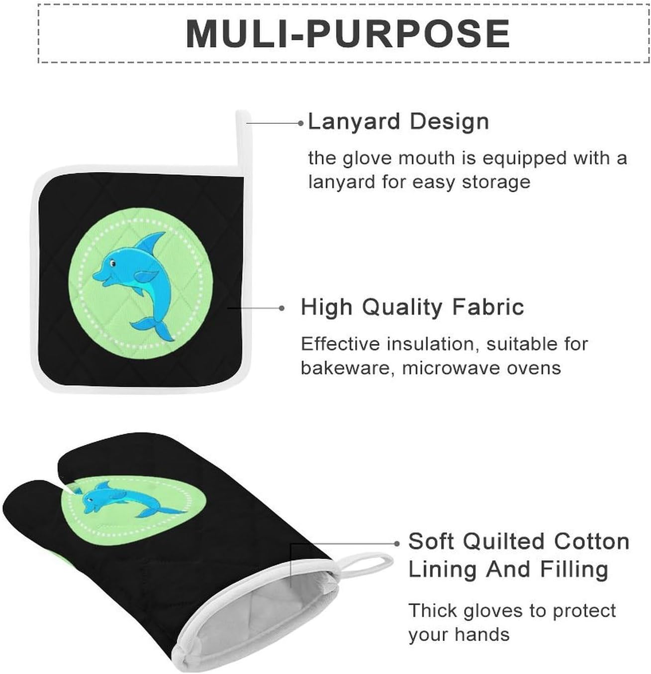 Dolphin Oven Mitts and Pot Holders 4Pcs Set Heat Resistant Cooking Mitts Hot Pads