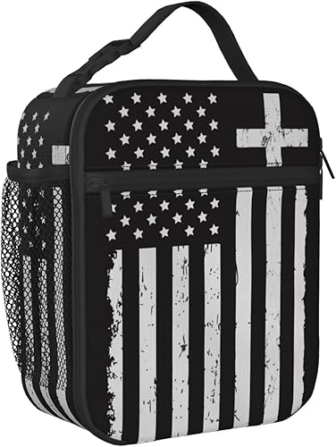 Miniatura 2 de PrelerDIY Lonchera con diseño de bandera estadounidense de color blanco envejecido, bolsas de almuerzo aisladas para mujereshombresniñasniños con