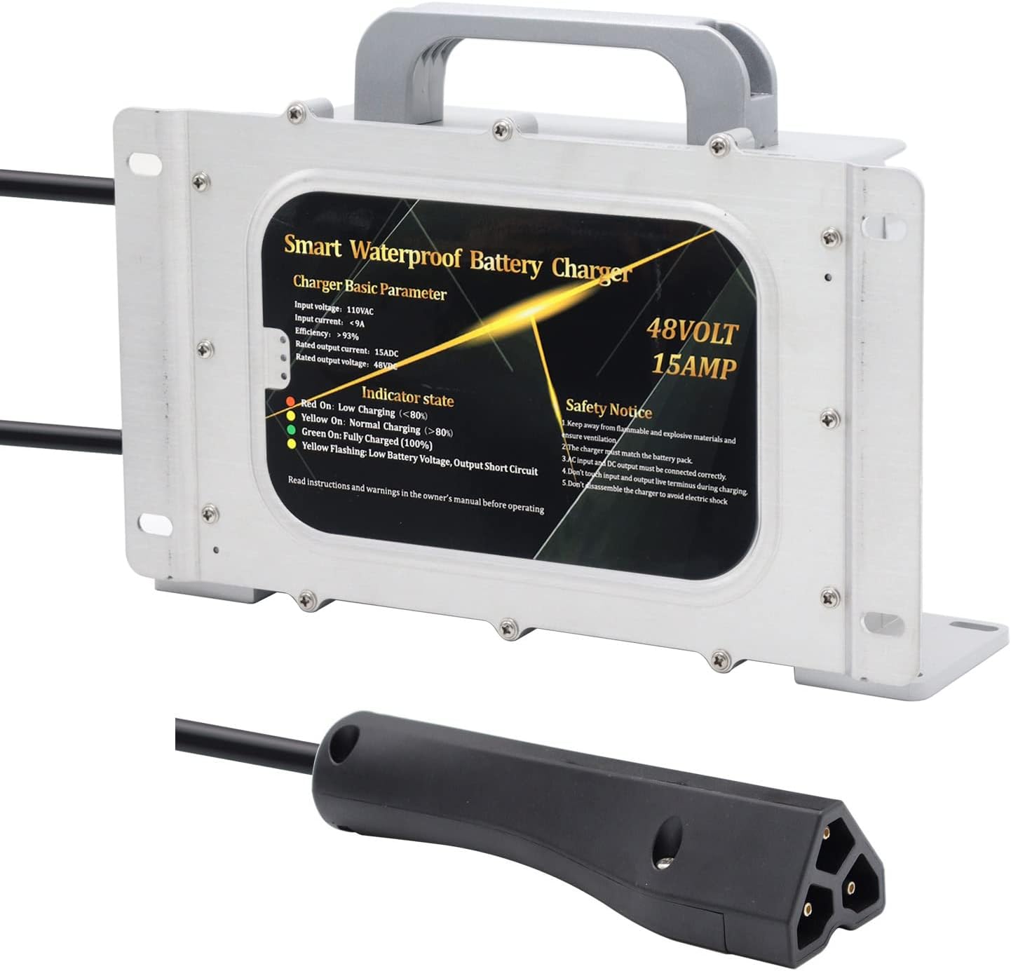 48 Volt 15 AMP Waterproof Golf Cart Battery Charger for 48 Volt Ez-Go EZgo RXV/TXT with RXV Plug 3 Prong Connector Waterproof IP68