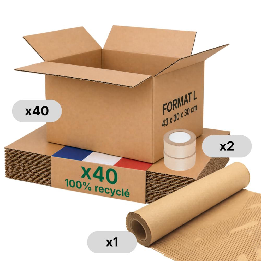 Opakowanie kartonowe L - zestaw 40 + ochrona papieru + klej papierowy - 43x30x30 cm - Wzmocniony - 100% nadający się do recyklingu - buty, pościel, e-commerce - Life Pack