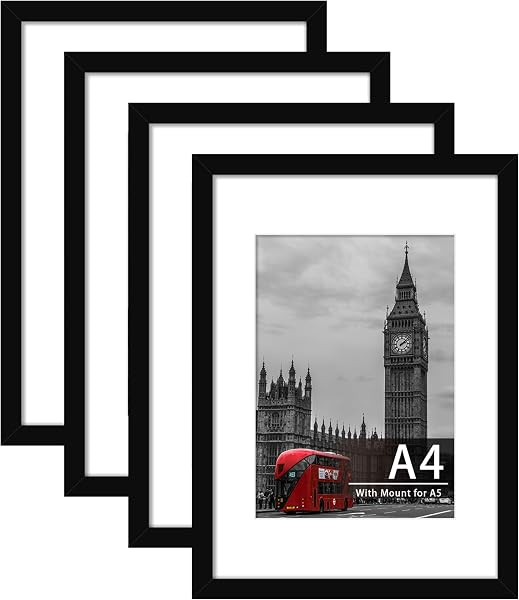 Tinkeps 4 Pack A4 Black Picture Frame, Engineered Wood and Plexiglass, A4 Frame with Mount for A5 Prints, Photos, and Posters, Tabletop and Wall Mountable - 1