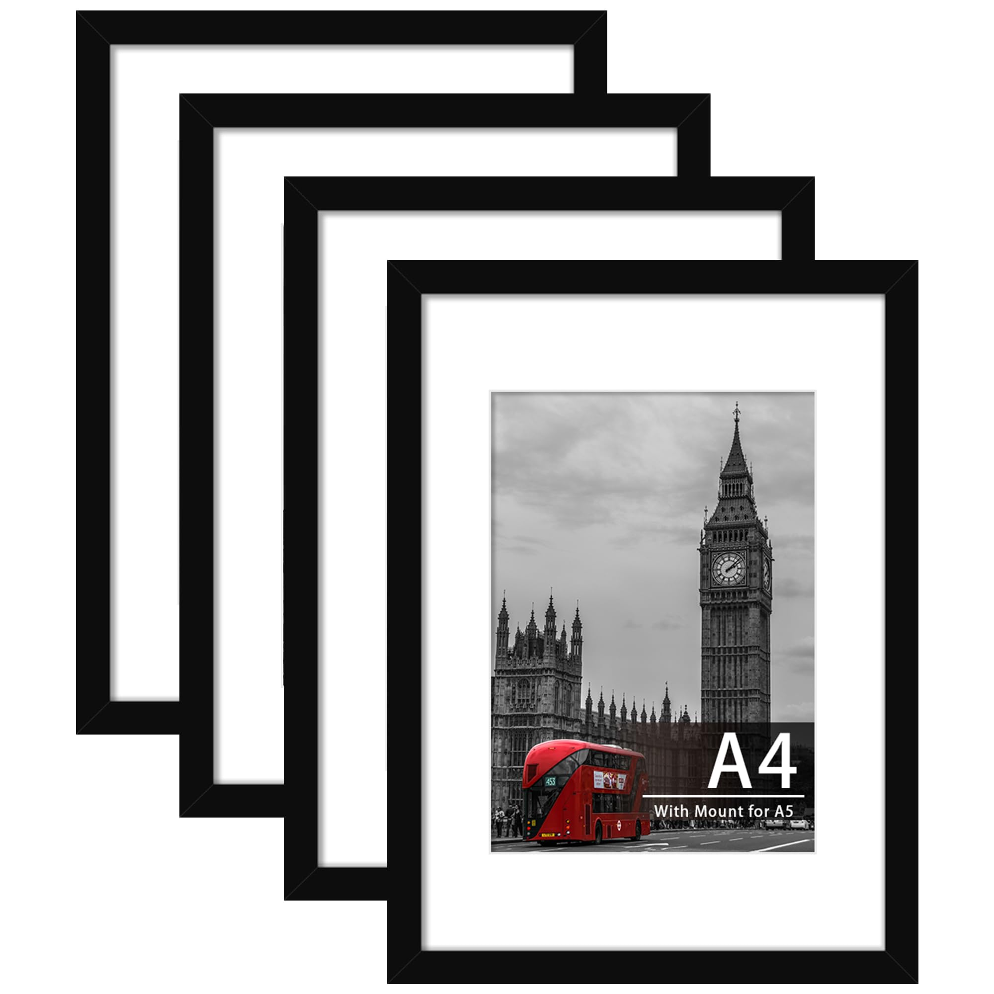 Tinkeps 4 Pack A4 Black Picture Frame, Engineered Wood and Plexiglass, A4 Frame with Mount for A5 Prints, Photos, and Posters, Tabletop and Wall Mountable