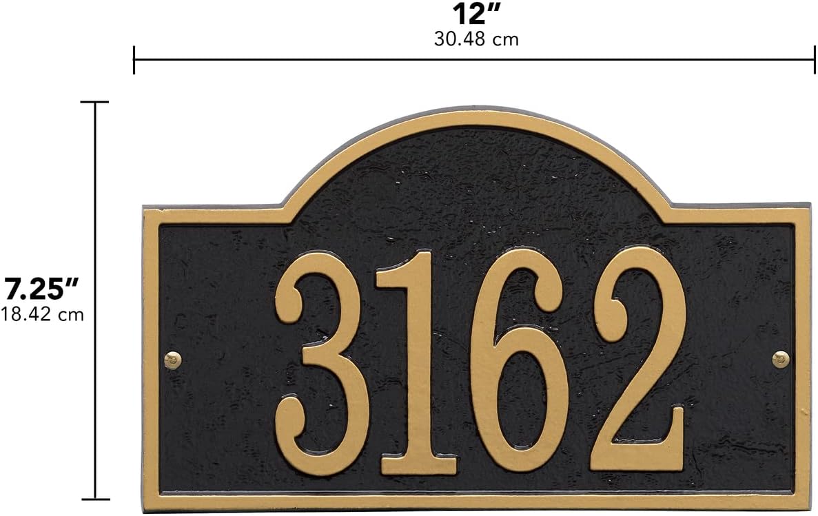 Whitehall Personalized Cast Metal Address Plaque - USA Made Custom House Number Sign - Arched Rectangle (12" x 7.25") - Black with Gold Numbers