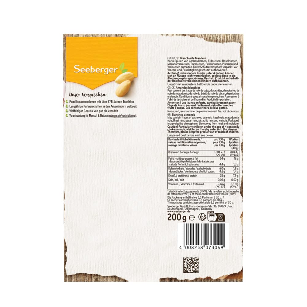 Seeberger Mandeln blanchiert 12er Pack: Große ganze Mandelkerne ohne Haut - reich an Vitaminen - knackige Kerne mit mild-süßlichem Aroma ohne Salz, vegan (12 x 200 g)