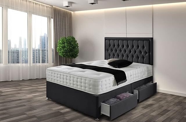 GHOST BEDS Flora Plush Divan Bed Set with 10" Orthopaedic Mattress and 24" Matching Headboard *Storage Available (Black, 2 Drawers Same Side, 2ft6 Small Single (75 x 190 cm))