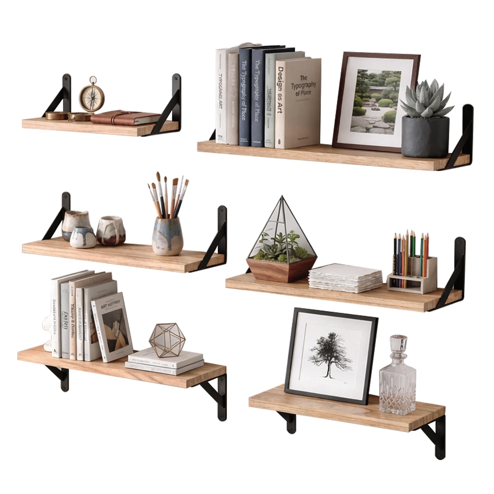 Levede Floating Shelves for Wall, Wooden Wall Shelves Set of 6, Solid Paulownia Wood Wall Mounted Floating Shelves Storage Display Shelves for Bedroom, Kitchen, Bathroom, Brown