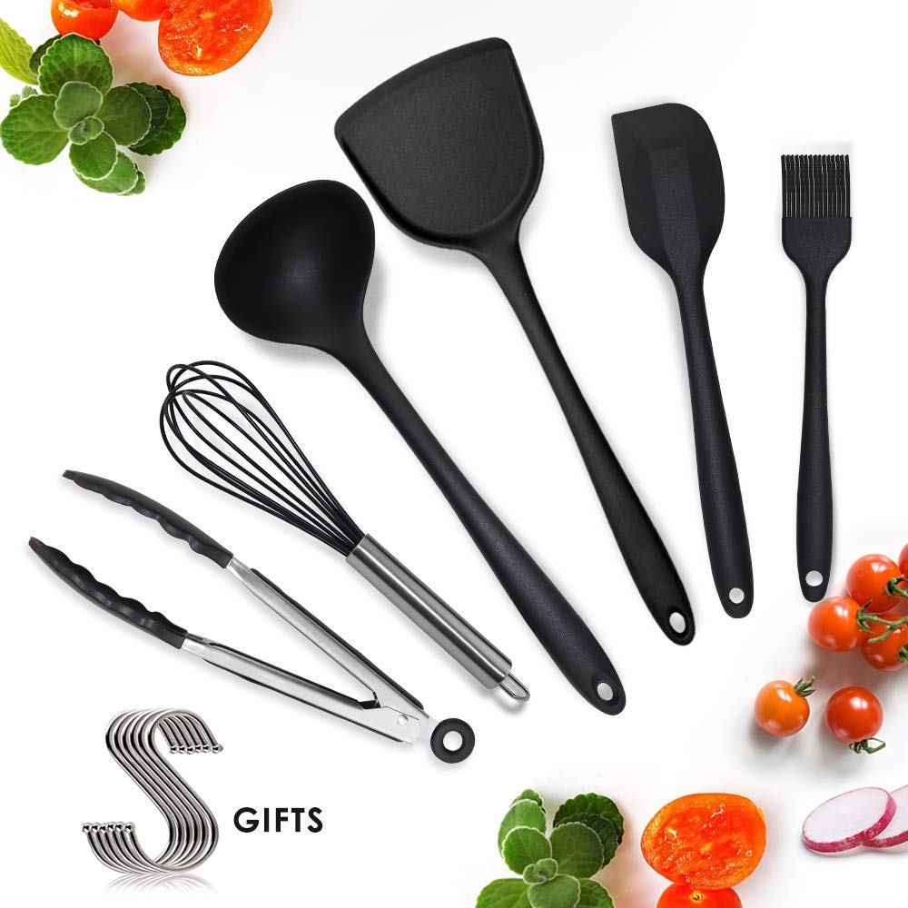 Silicone Kitchen Cooking Utensils Set [6pcs] Heat Resistant, Non Stick & Stain-Resistance, Durable Material Without Bending or Breaking Cooking Utensil. (Black)