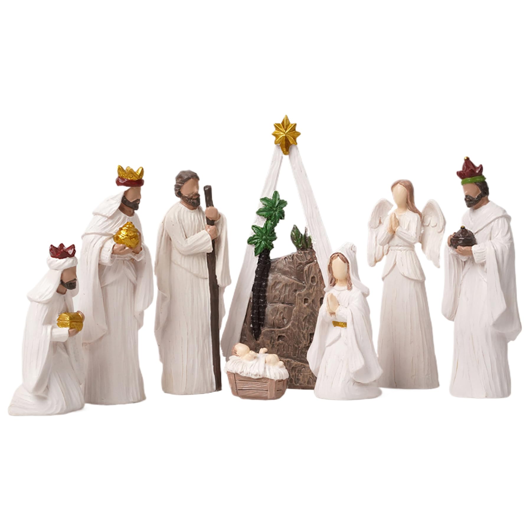 Ensemble de crèche de Noël (8 pièces) Moderne en résine Blanche avec Figurines scène la Nativité, Ornements Table Religieux, Objets Collection Noël pour décorations Vacances