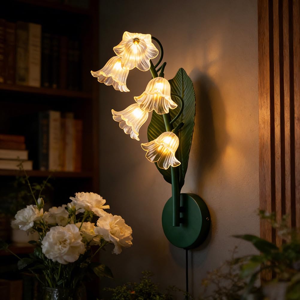 EaEa Innen Wandleuchte mit Schalter und Stecker, 5-Flammig Blumen Wandlampe mit Kabel, Acrylschirm, G4 Retro Metall Wand Nachttischlampe Schlafzimmer Wohnzimmer Dekorative Wandleuchten, Green,A