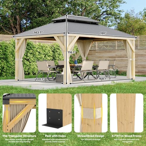 Klysiora 12' x 16' Patio Gazebo Wooden Gazebo with Solid Spruce Frame and Aluminum Double Roof Suitable for Gardens, Patios, Lawns, and Parties Curtains and Netting Included! - Image 2