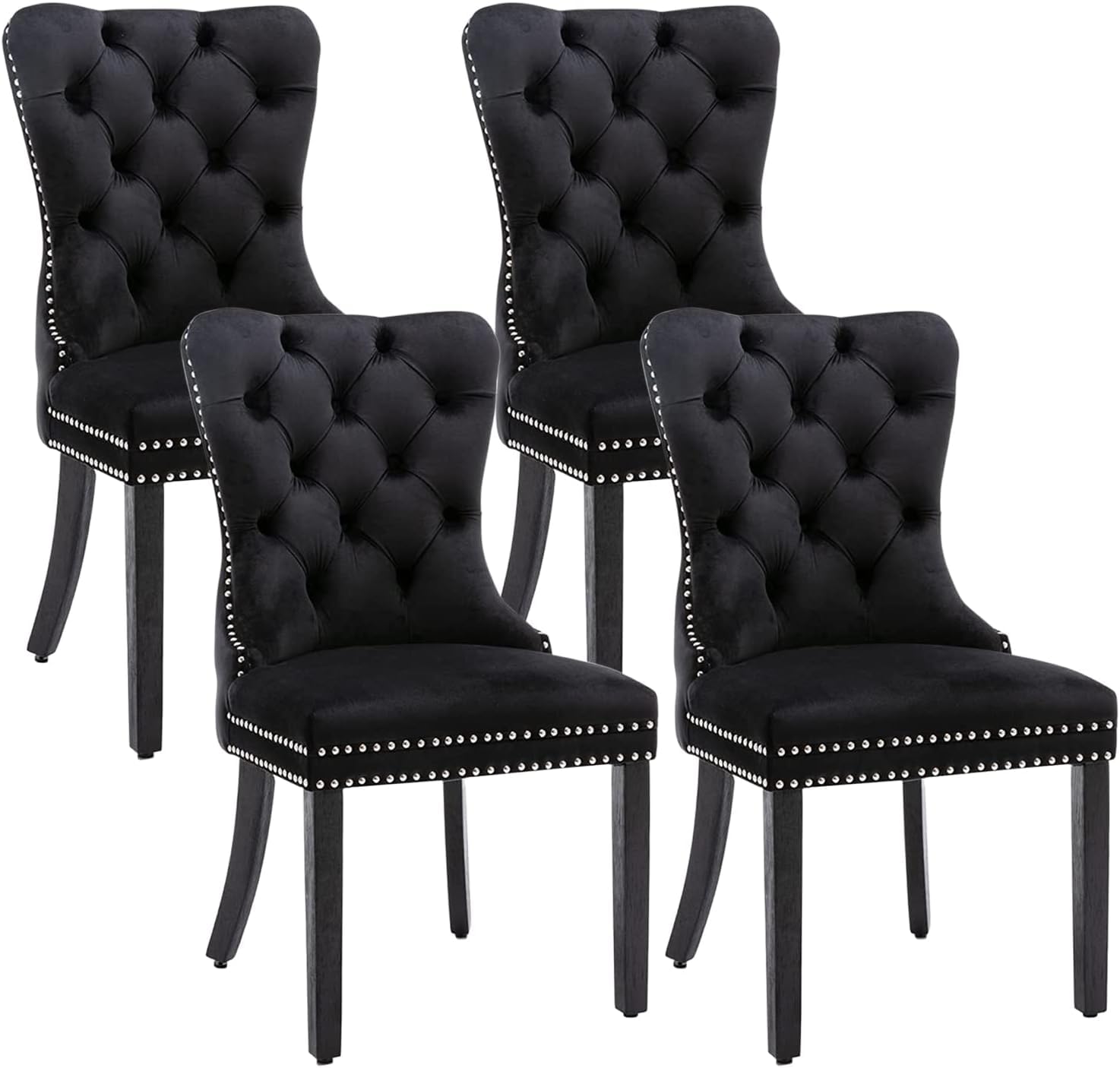 Velvet Dining Chairs Set of 2;Upholstered Dining Room Chairs with Nailhead Ring Pull Trim, Button Tufted Wing Back Chairs for Dining with Solid Wood Legs for Kitchen Dining Room(Black)