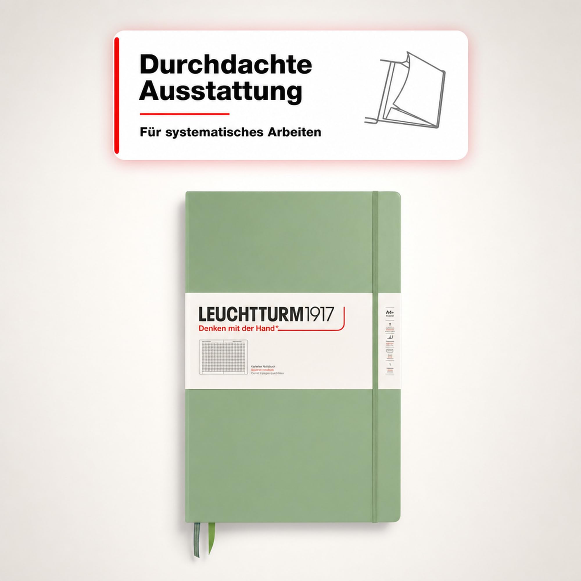 LEUCHTTURM1917 370262 Taccuini Master Classic A4+ Copertina rigida, 235 pagine numerate, Sage, Quadretti