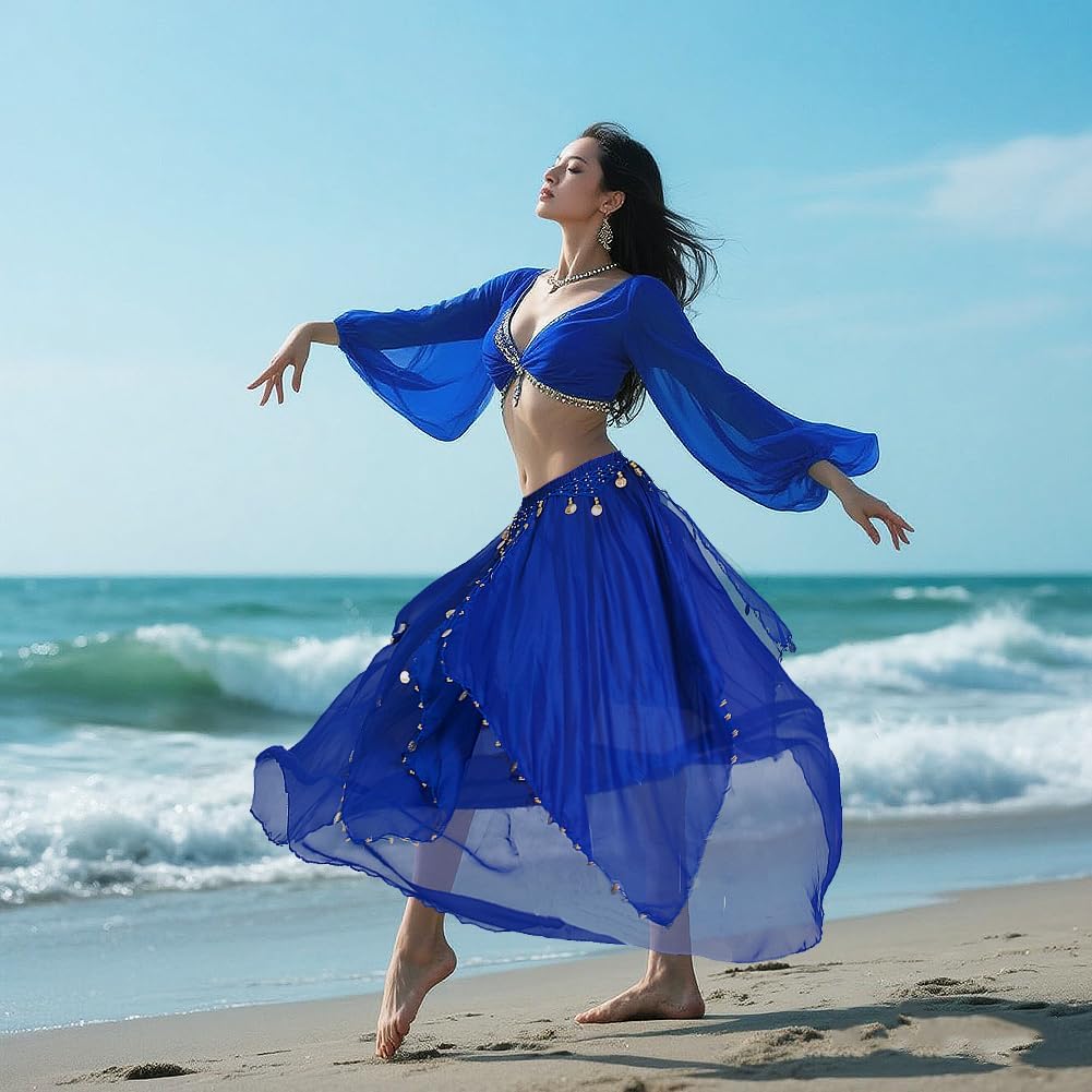 Belly Dance Skirt with Coins Chiffon Wrap Skirt for Women Hand-Sewn Metallic Coins Skirts Stage Performance & Yoga - Image 6