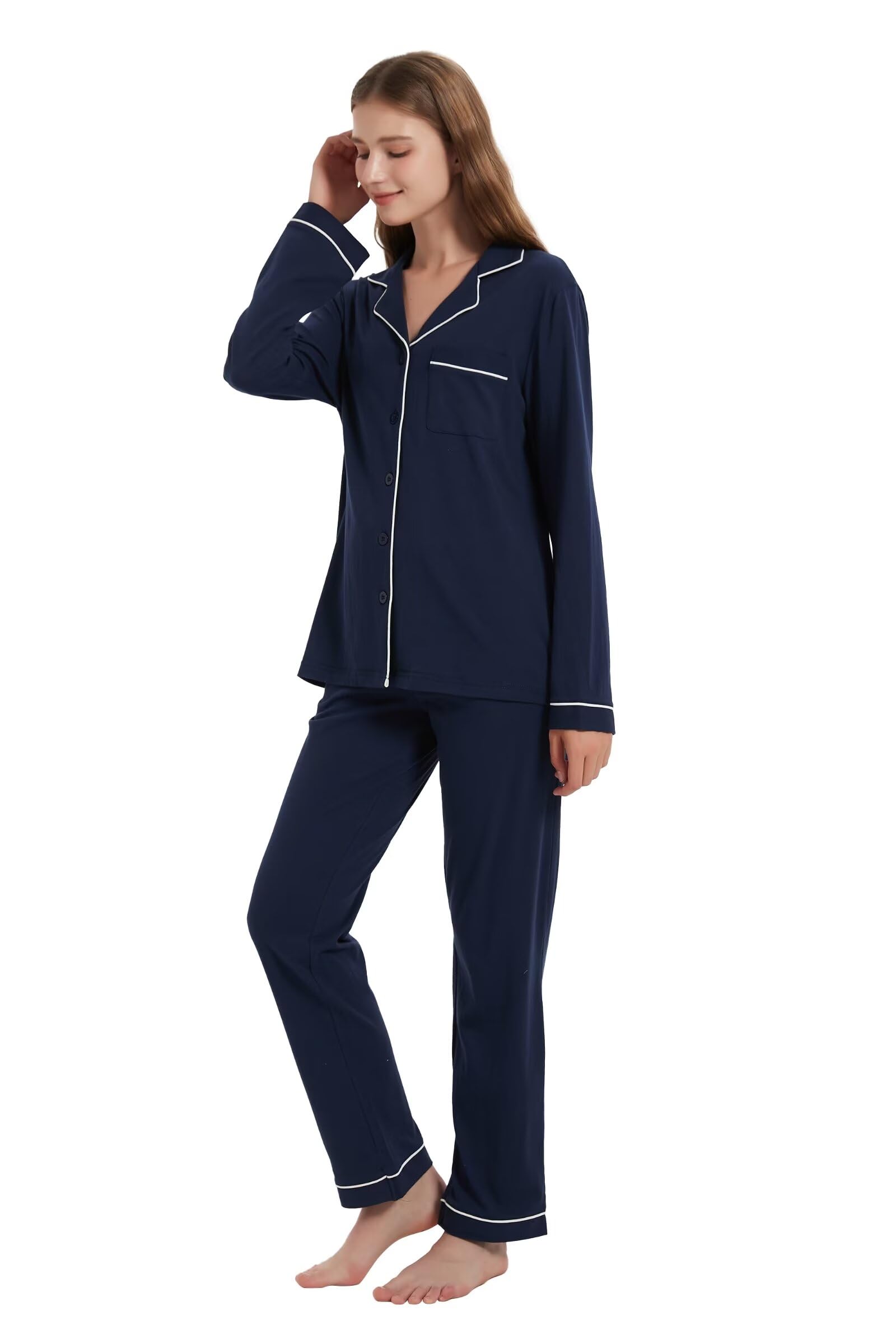 Amaxer Ensemble de Pyjama Coton Femme Vêtements de Nuit Femme 2 Pièces Comfy Manches Longues Bouton Down Col V Femme Pyjamas Set S-XXL