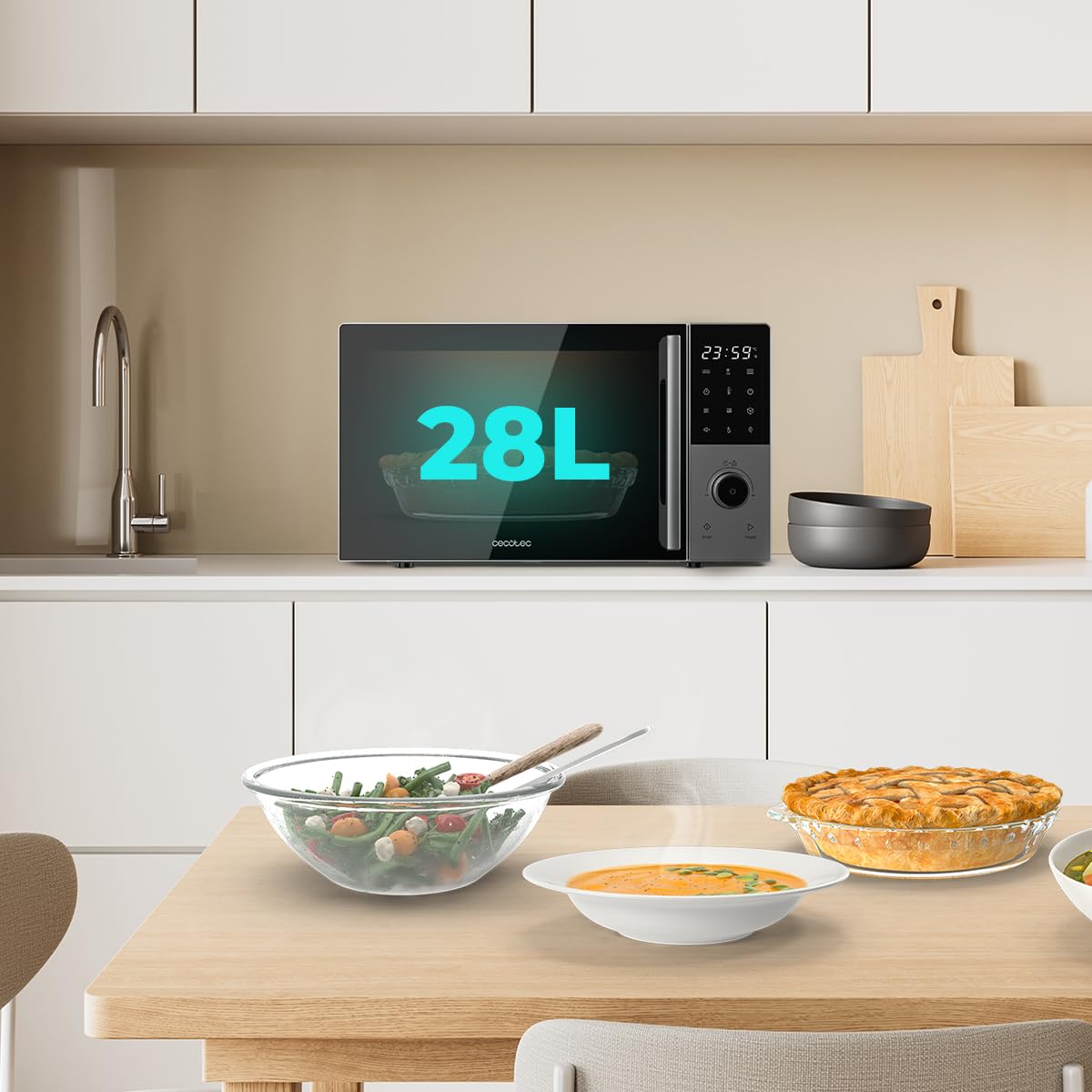 Cecotec Microonde Digitale con Grill 28L Proclean 2800. 900W, Grill 1200W, Convezione 2200W, 8 Programmi, 5 Livelli di Potenza, Piatto 315mm, Timer 60m, Sicurezza Bambini, Tattile