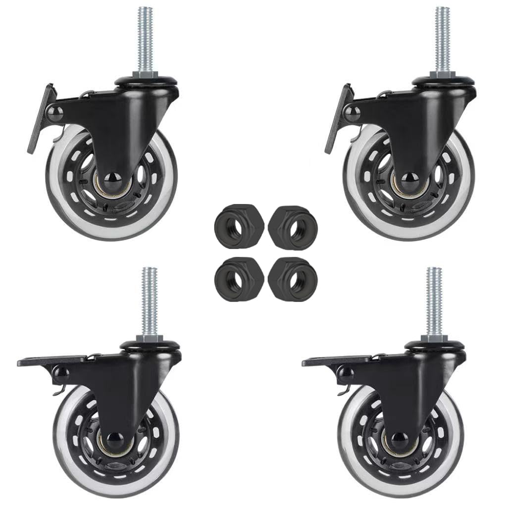 Hirate 3 Inch Caster Wheels with Locking Brakes, Heavy Duty Metric M10 x 1.5" Threaded Stem Industrial Castors Replacement for Workbench,Carts,Furniture,Dolly,Trolley,Set of 4 with Nylon Nuts