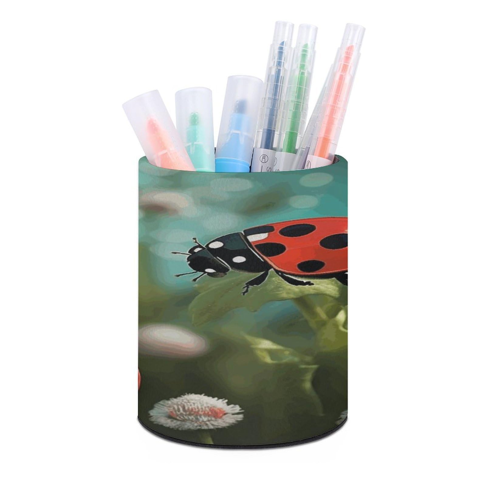 JTREHY Ladybug Landscape Pen Holder Round Pen Pencil Holder Makeup Brush Holders Cup PU Leather Pencil Cups Desktop Caddy Stationery Organizer Case Office Accessories Container Box