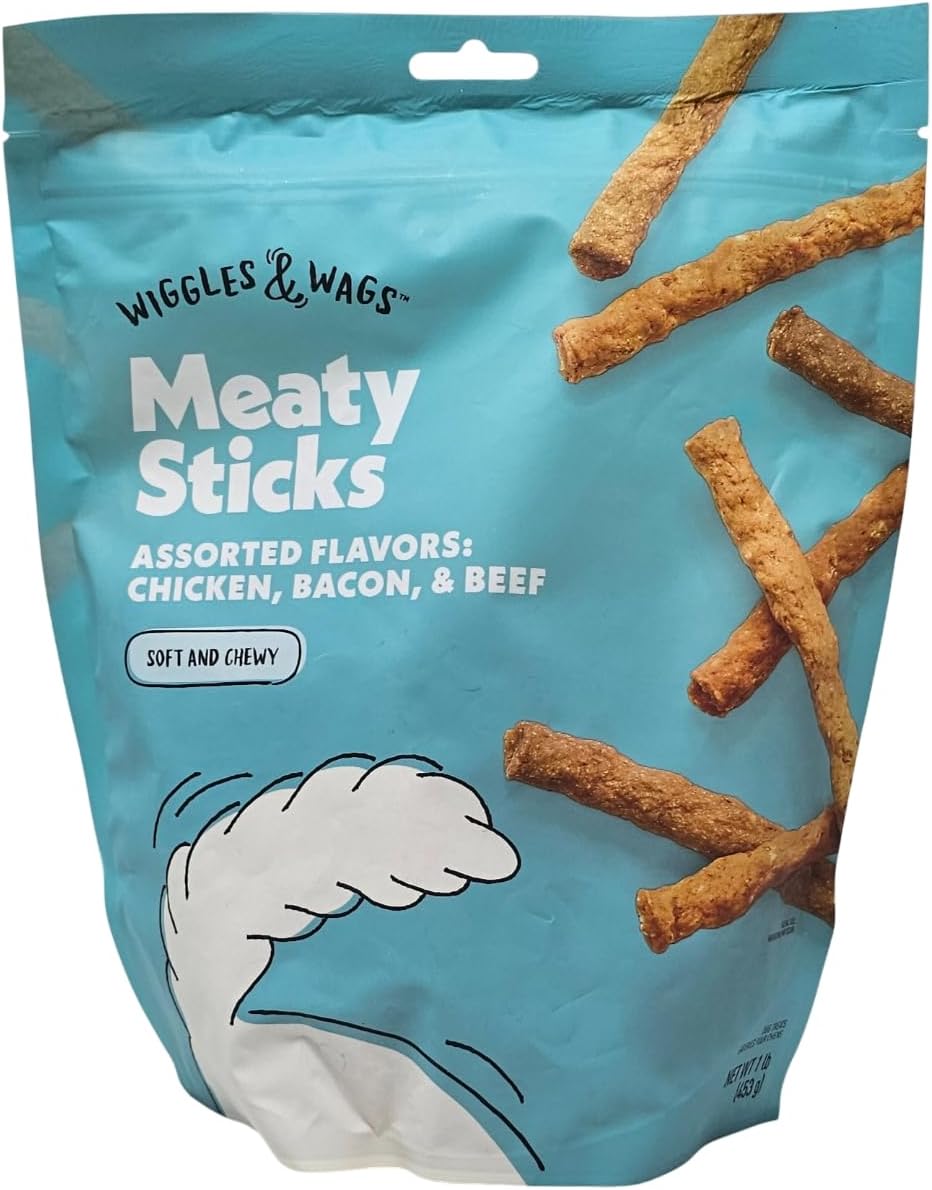 Wiggles & Wags Meaty Sticks Assorted Chicken, Bacon and Beef Flavor Dog Treats, 1 Pound Bag