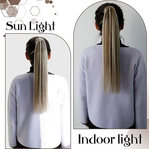 Miniatura 4 de Hetto Extensiones de cola de caballo de 22 pulgadas, extensiones de cabello humano real, cola de caballo mágica, #10613, color castaño dorado,