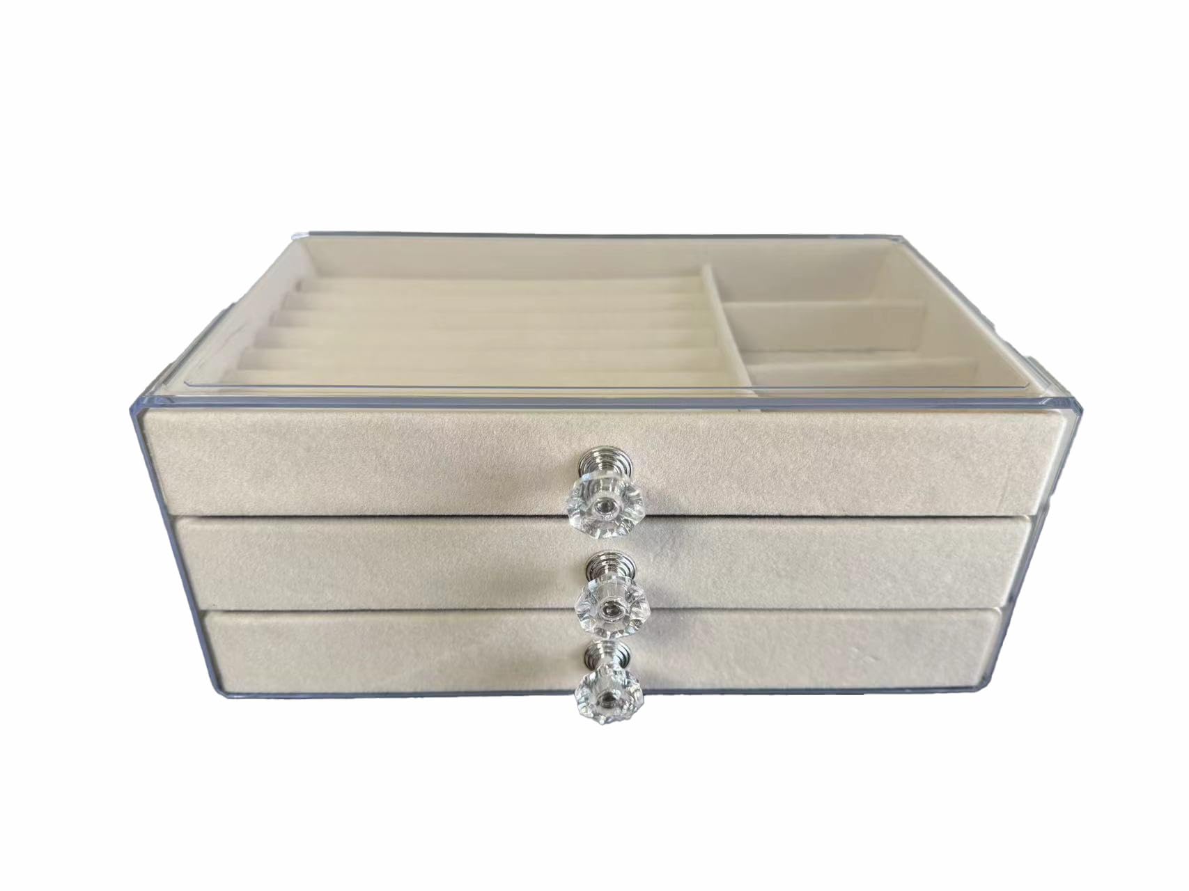 ExtraoLexuria Acrylic Jewelry Box 3 Drawers,Clear Jewelry Organizer Velvet Rings Necklaces Earring Bracelets Display Case Gifts for Women Girls (white Beige)