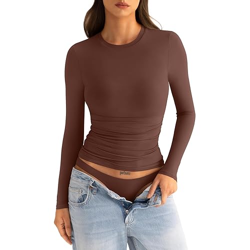 Womens Double Lined Long Sleeve Shirts Crewneck Ruched Top Tight Fitted Basic Tee Fall Going Out Outfits 2026