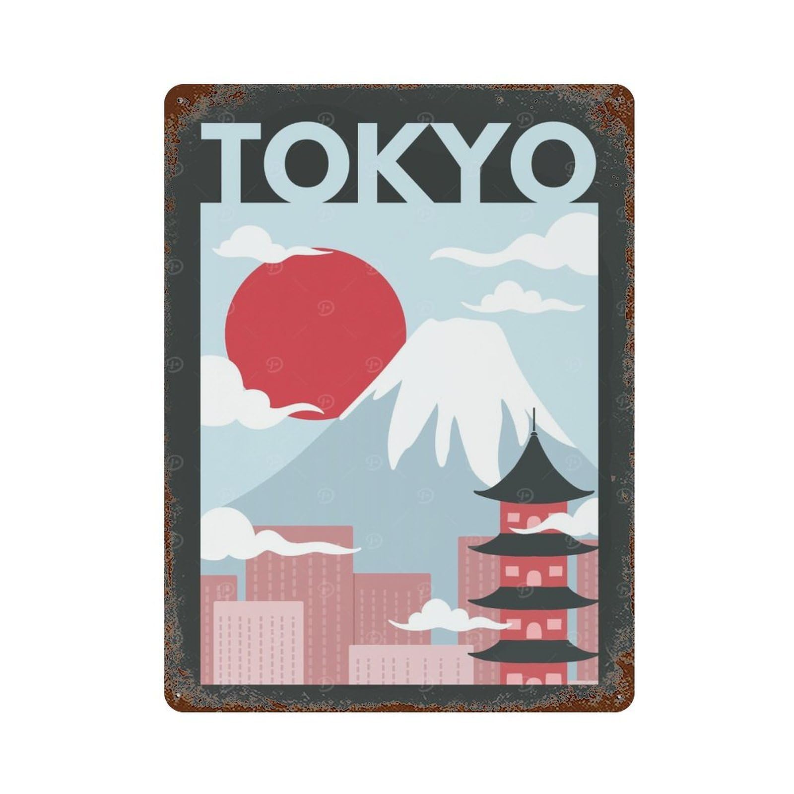 Garage Style Visiting Tokyo Skyline Weathered Tin Sign 15.7"x11.8", Classic Wall Plaque for Bar And Workshop