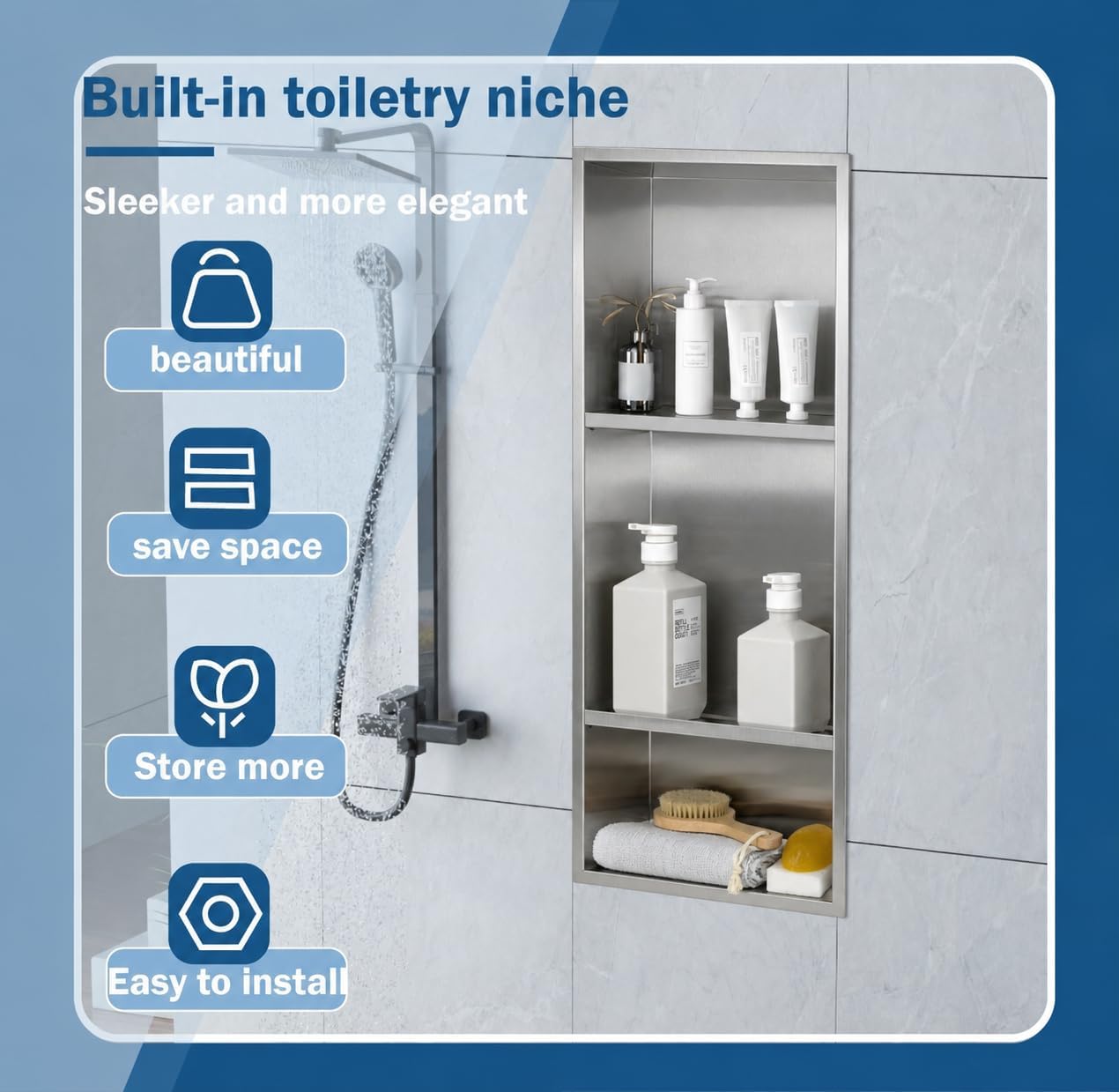 30 x 12 Inch Shower Niche, Brushed Stainless Steel Recessed Wall Niche, No Tile Needed Built-in Shower Shelf, 3-Tier Bathroom Storage Organizer, Waterproof Rustproof