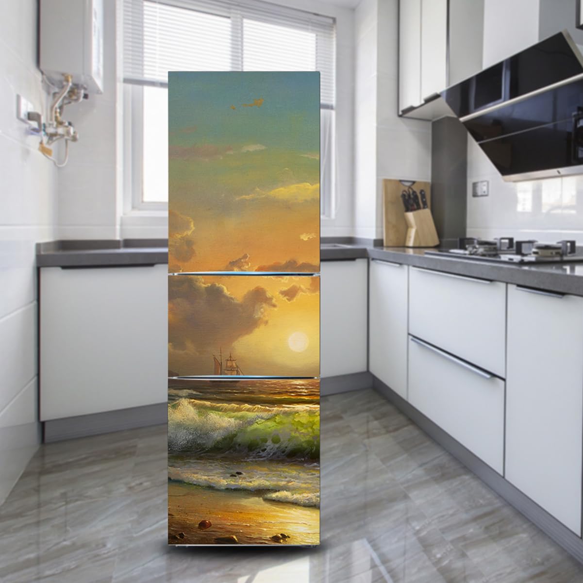 Myxjx One Color Fridge Wrap, Full Covering, Freezer Skins Wall Stickers For Kitchen Decal, Sea Wave Sailboat Sunset Scenery