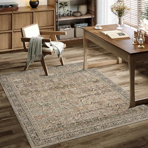 4x6 Washable Area Rug Brown Vintage Distressed Entryway Kitchen Non Slip Low Pile Throw Rug Living Room Bedroom Indoor Doormat Soft Carpet for Entrance Dining Room Office Bathroom