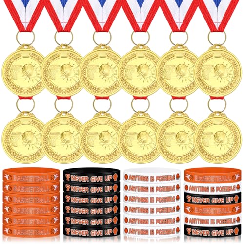 Poen 24 Pcs Basketball Award Medal with 24 Silicone Wristband Team Participation Trophies with Red White Blue Striped Ribbon Rubber Bracelet for Sports Party Favor Competition Prize Senior Night Gift