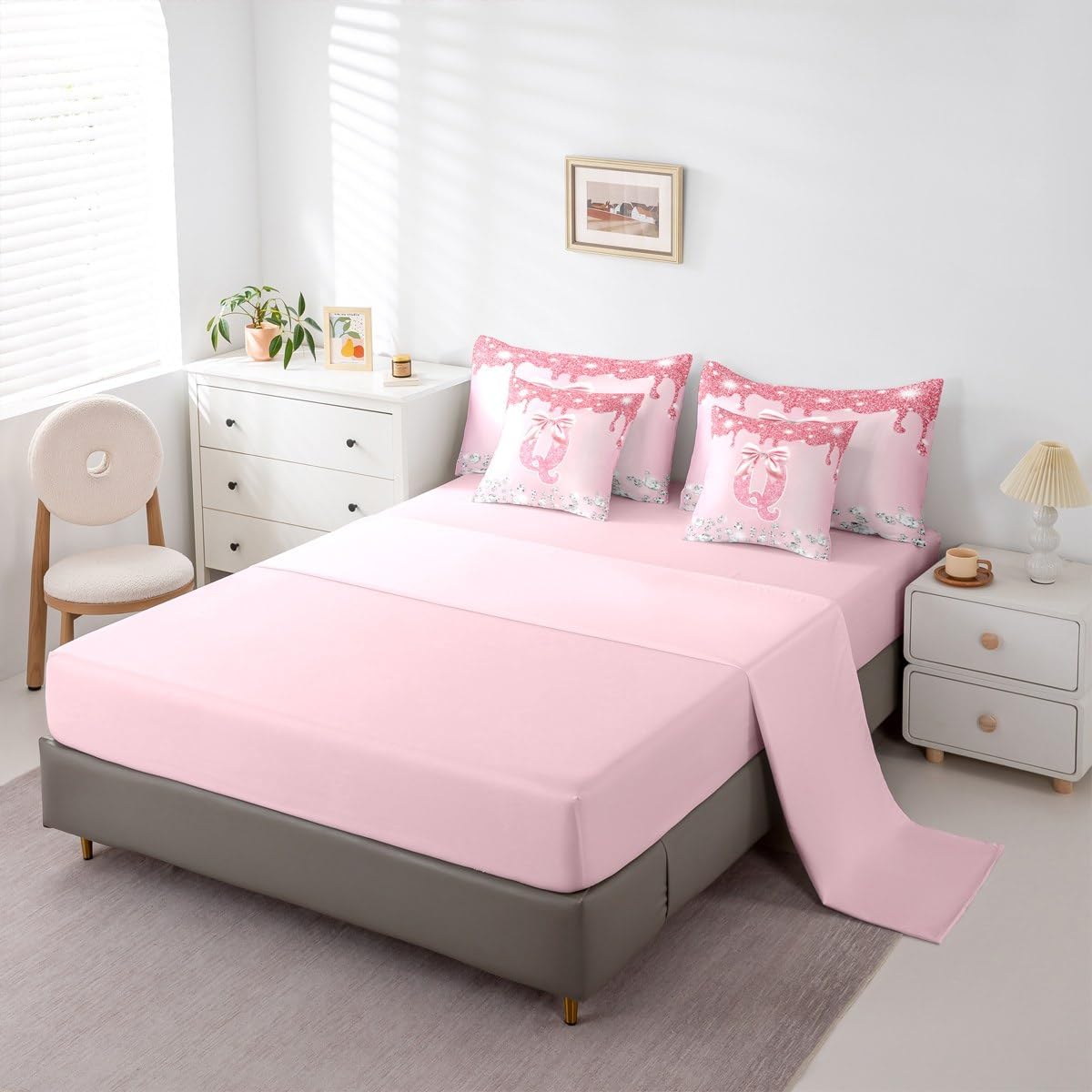 Erosebridal Cute Pink Bowknot Twin Bedding Set, Personalized Initial Q Bed in A Bag,Coquette Bow Comforter Sets with Sheets, Princess Monogrammed 7 Pieces Bed Set (NO Real Glitter Sequins)