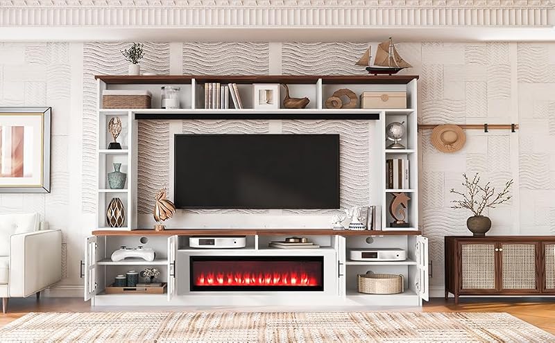 Merax 95.5" L Entertainment Center Wall Unit Set with Electric Fireplace Cabinet for TVs up to 80", White Modern TV Stand Media Console with Glass Door and Adjustable Shelves for Living Room image 4