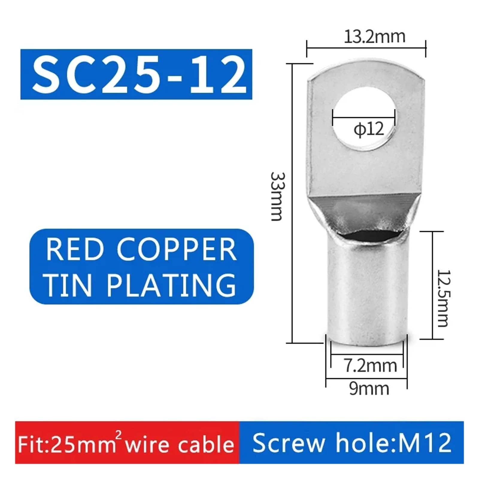 Conector de cable aislado de anillo, terminales de alambre de cobre SC6 SC10 SC16 SC25, conector de cable eléctrico crimpado, 5 mm, 6 mm, 8 mm, 10 mm, 12 mm(Sc25-12,100PCS)