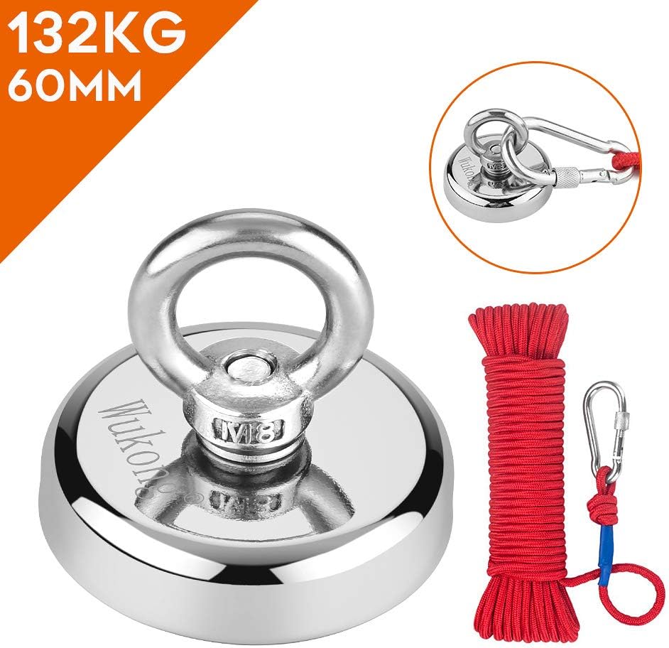 Neodymium Eyebolt Fishing Magnet with Rope x 66ft,Wukong Super Power N52 Pulling Force 290LB(132KG) Diameter 60mm