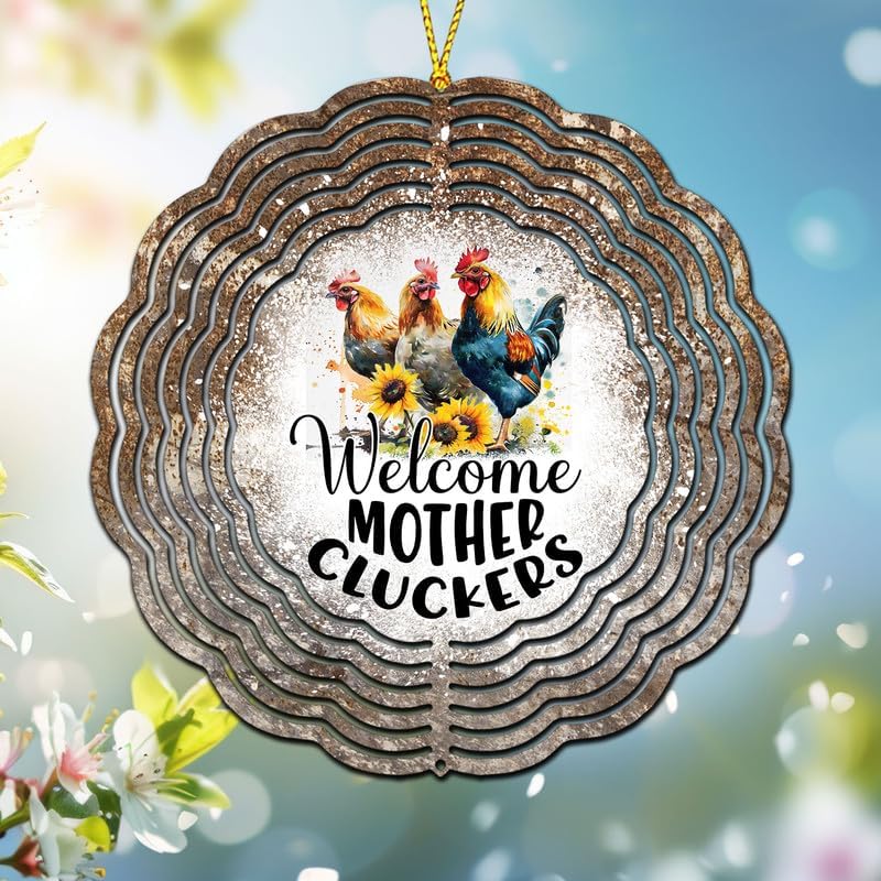 Welcome Cluckers Spinner, Farm Animals Wind Spinner, 10inch Stainless Steel Wind Sculpture, Chickens Funny Garden Decor
