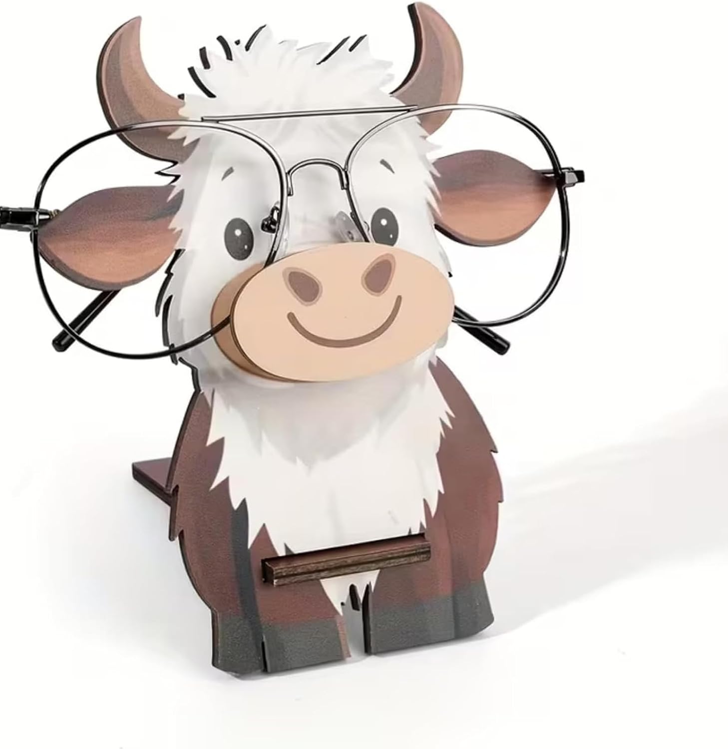 Cute Highland Cow Eyeglasses Holder Stand, Wooden Glasses Display Rack, Sunglasses Organizer for Desk, Nightstand & Office, Decorative Eyewear Storage Holder for Reading Glasses and Sunglasses.