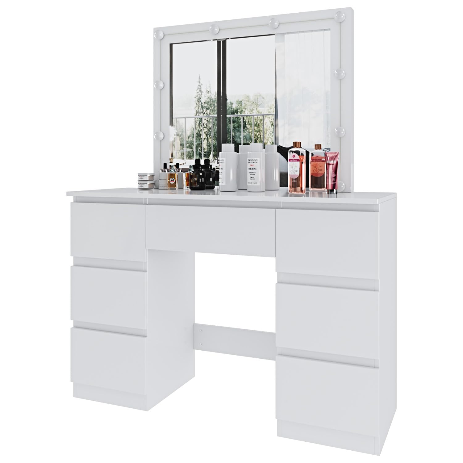 Arreditaly Toeletta Tavolino Da Trucco Tavolo Con 10 Luci LED Luminosità Regolabile Specchio Orizzontale Con 7 Cassetti Postazione Make Up In Legno Design Moderno 39.5 x 110 x 140.5 Cm Bianco